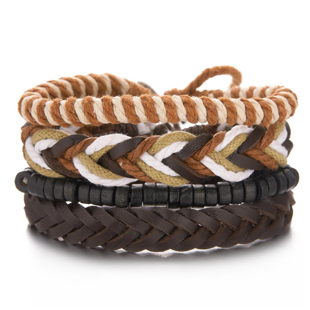 Men's Multi-Layer Bracelet Set with Wooden Beads and Braided Leather