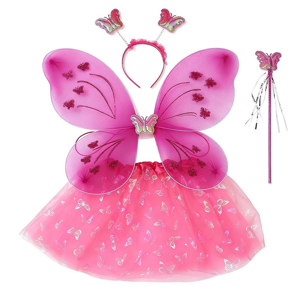 4Pcs/Set Fairy Princess Costume Butterfly Wings Puff Skirt Butterfly Wing Set Tutu Skirt Headband Angel Costume
