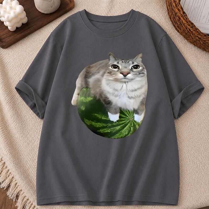 Watermelon Cat Shirts Unisex Unisex Silly Cat Meme TShirt Funny Cat Meme Retro TShirt Funny Meme Round Neck Short Sleeve Tee