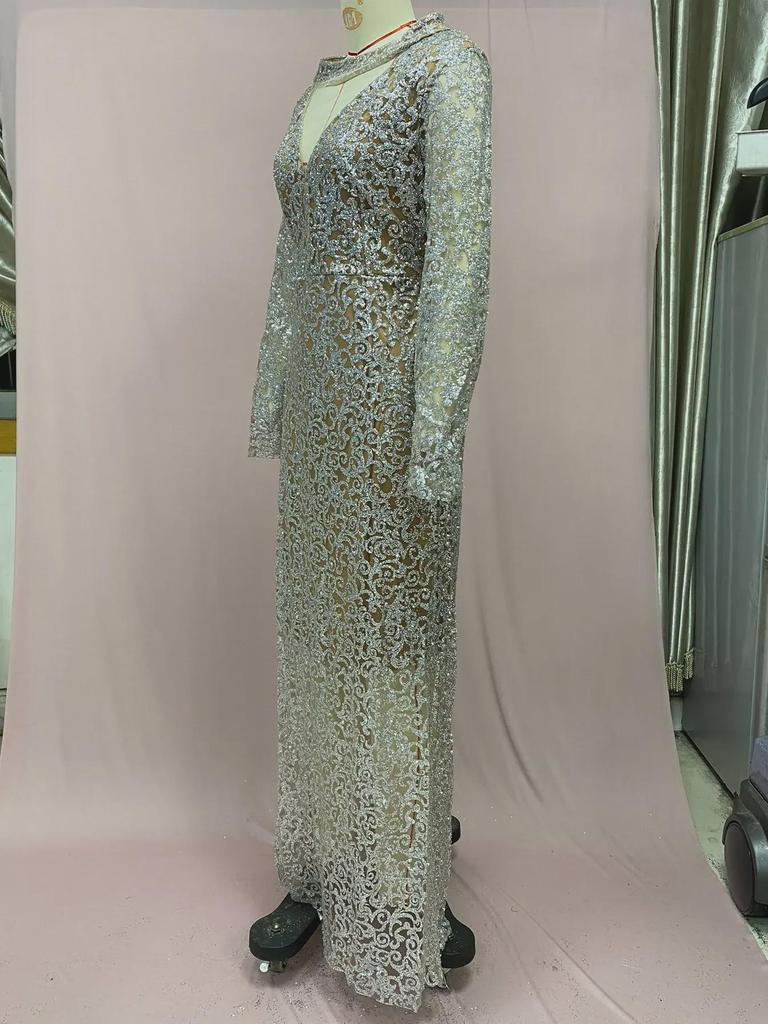 2025 Осень/Зима Европейское и Американское Вечернее Платье с V-образным вырезом и длинными рукавами