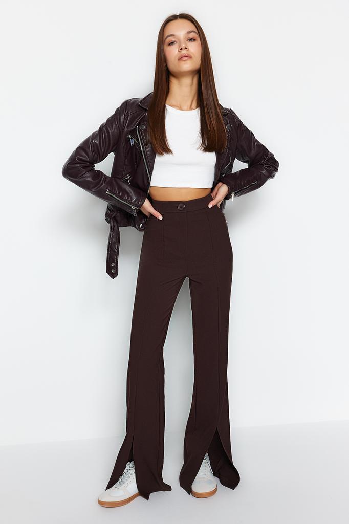 Women's Trousers Fashion New Season Brown Flare Slit Detailed Woven Trousers