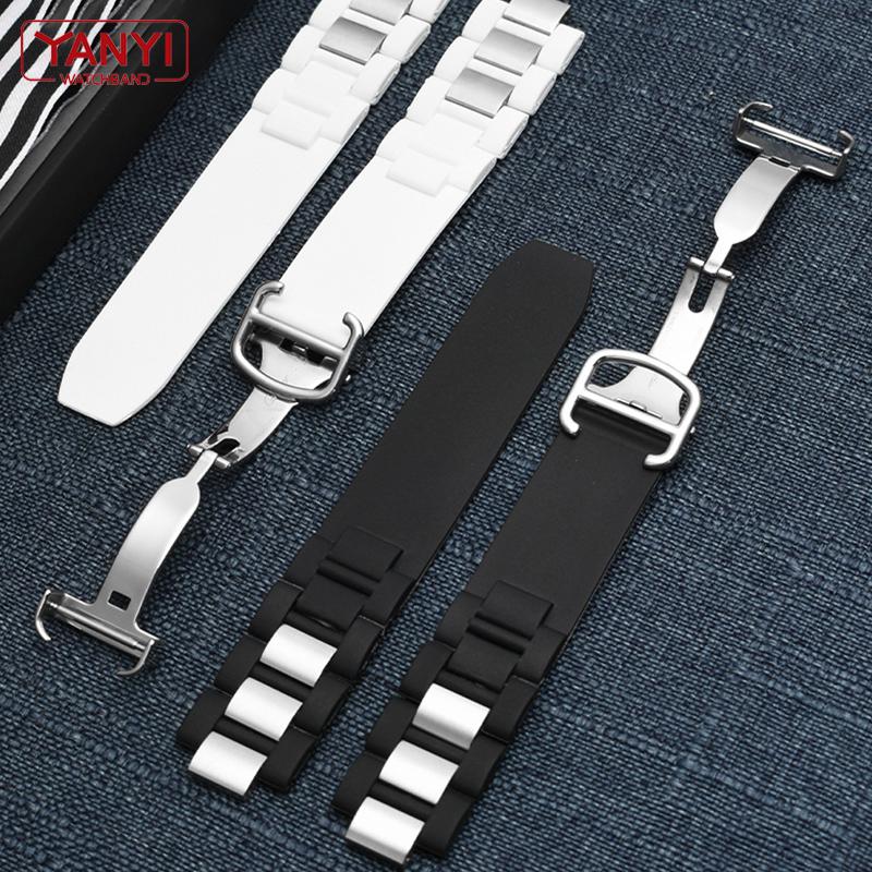 Силиконовый ремешок для часов с ремешком из нержавеющей стали для автомобильных часов, ремень, выпуклый 20*10 мм, резиновый ремешок для часов, браслет на запястье