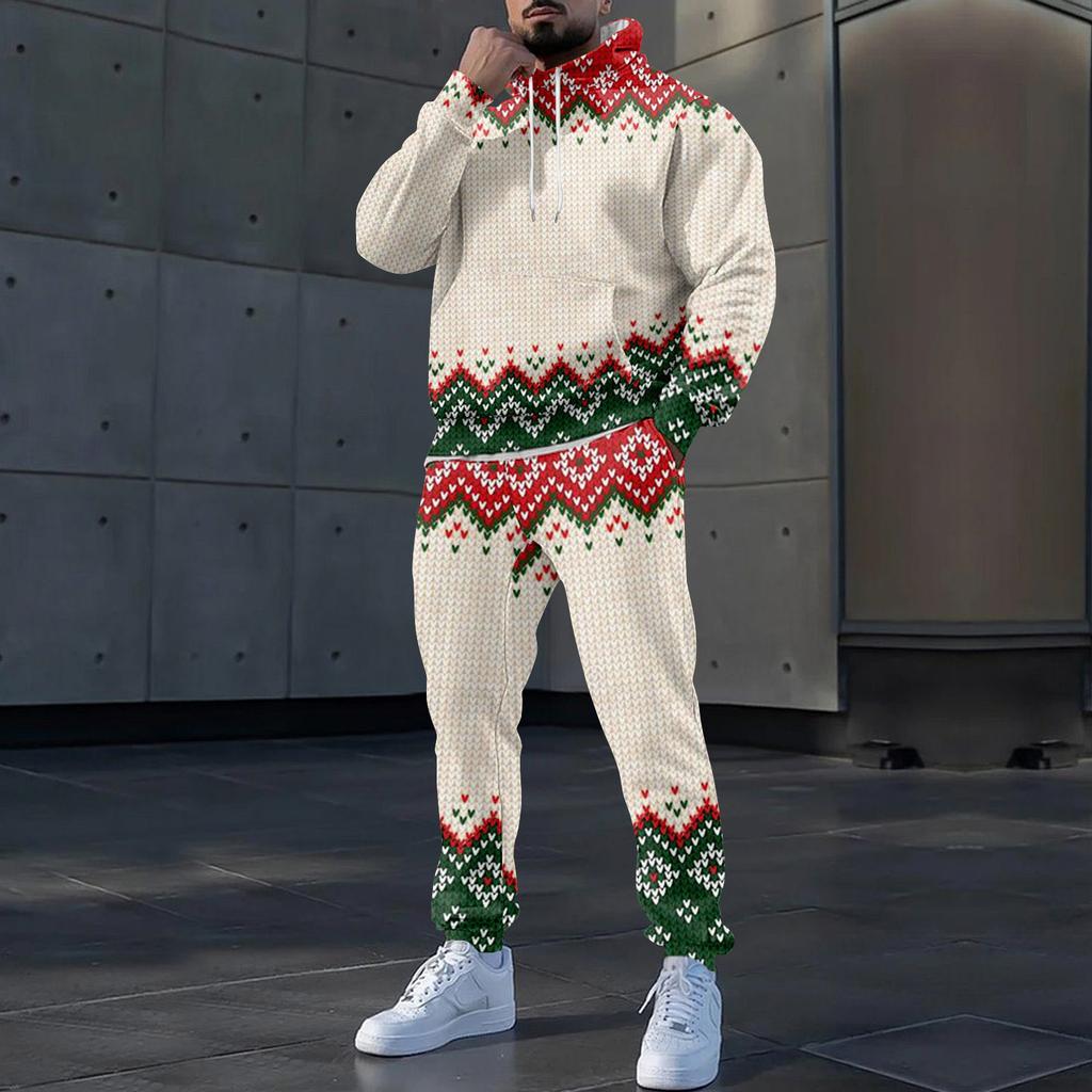 Мужские зимние рождественские принты с длинным рукавом толстовки с капюшоном толстовка брюки костюм