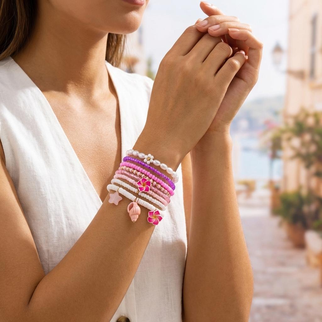 Multilayer Flower Conch Shell Bracelet Set for Women Floral Imitation Pearls Beaded Elastic Bracelets Music Festival Jewelry Gif