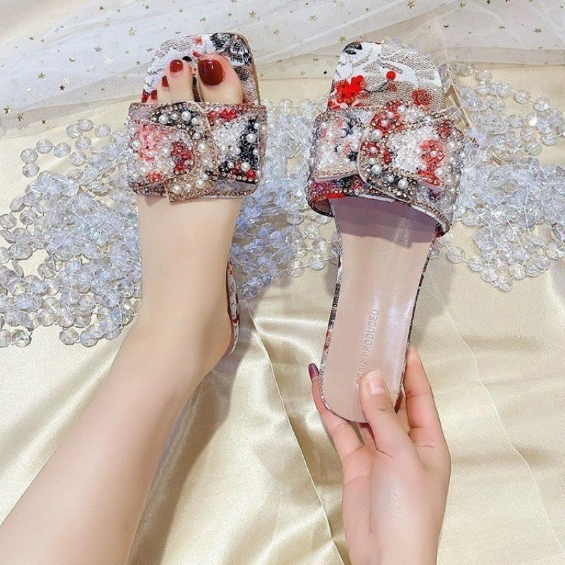 Женские босоножки, летние, блестящие, со стразами, бантики, классические, цветные, для банкета, вечеринки, на низком каблуке, тапочки Zapatos De Mujer