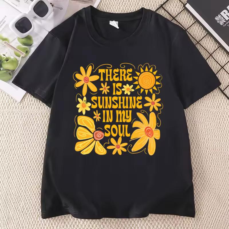 Sunshine in My Soul T-Shirt Mental Health T Shirt Retro Boho Summer Vibes Tshirt Hippie Flower Tee Women's Clothing Short Sleeve