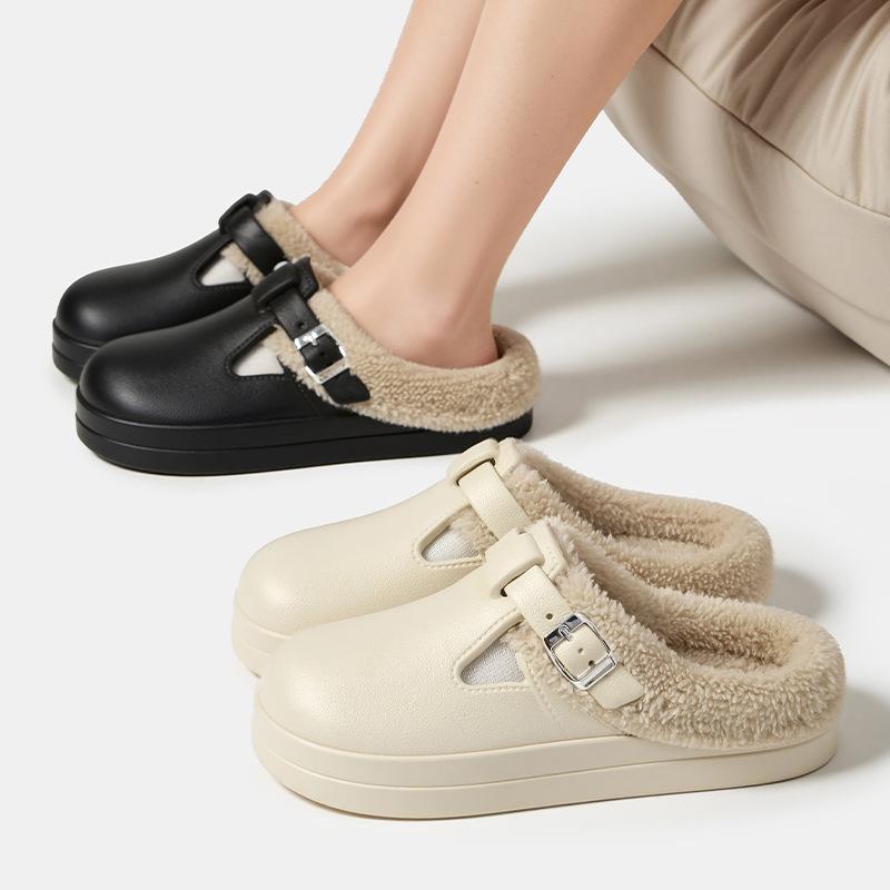 Модные зимние теплые меховые клоги-тапочки для женщин, водонепроницаемые нескользящие домашние тапочки из ЭВА, женская обувь для дома и улицы, толстые плюшевые хлопковые туфли