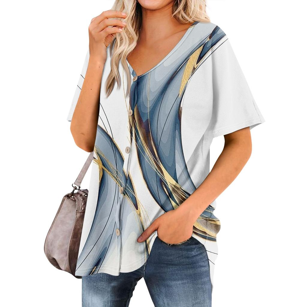Женская футболка Футболка с принтом Женские рубашки V-образный вырез с короткими рукавами Туника на пуговицах Топы Блузка