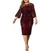 Women O Neck 3/4 Sleeve Sheer Patchwork Shiny Sequins Bodycon Knee-length Dress