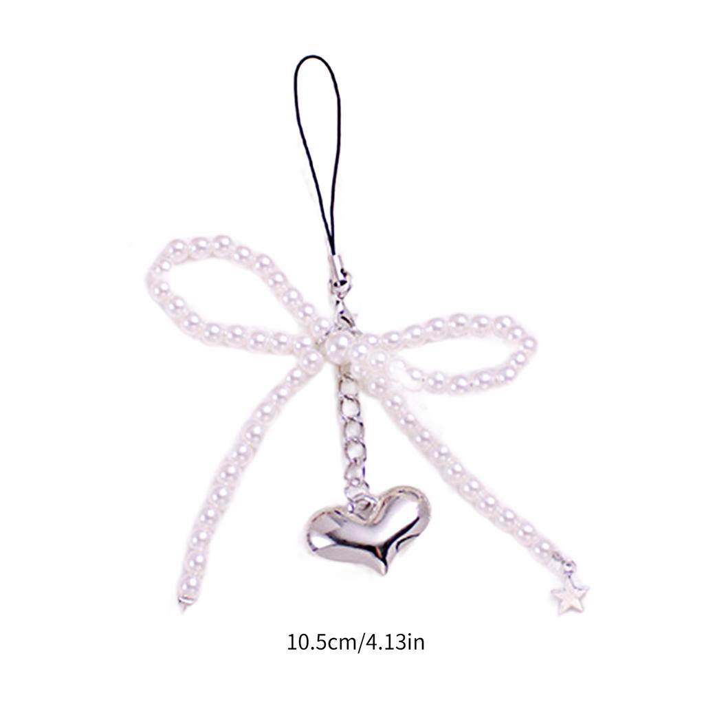 Sweet Bowknot Phone Chain Ornament Heart Beaded Cellphone Pendant Phone Lanyard Bag Charm for Fashionable Individuals