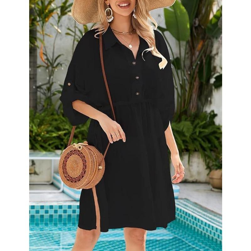 Women's Summer Solid Color Lace-up Waist Pocket Dress Beach Smock Dress