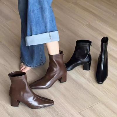 Модные ботильоны Maillard с квадратным носком 2025 осень-зима новая универсальная тонкая обувь темпераментная универсальная на толстом каблуке короткие ботинки женские