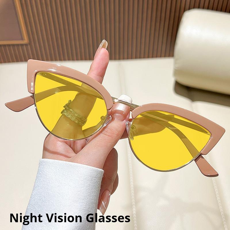 Metal Half-Frame Night Vision Anti-Blue Light Glasses Orange & Red Lenses Unisex Fashion Cat-Eye Gaming Eye Protection Glasses