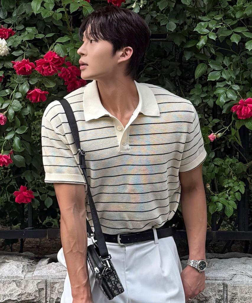 MINDBRIDGE [On][Set][Select Stripe Or Basic] Linen-Like Collared Short Sleeve Knit - 8 Colors (Type A)