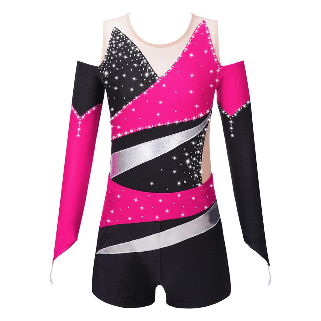 Kids Girls Dancing Bodysuit Long Sleeve Off-shoulder Patchwork Style Leotard Unitard Ballet Jumpsuit with Shorts