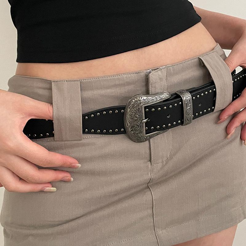 American Retro Belt Women'S 2024 Rivet Punk Style Belt Versatile With Jeans Belt Personalized Y2K Black