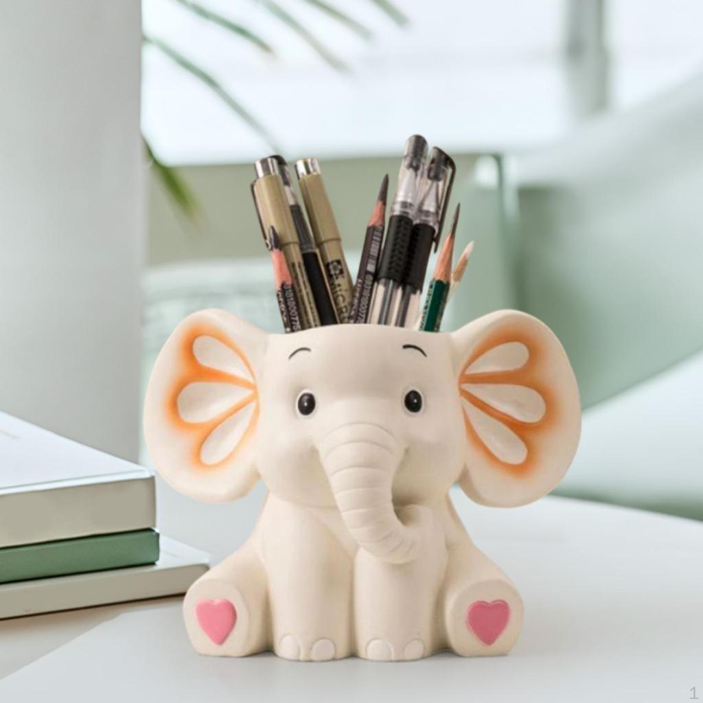 Cute Elephant Pen Holder Decoration Desktop Organizer for Desk Supplies Hand Painted Resin Statue