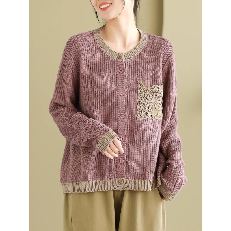 Художественный ретро женский вязаный свитер однобортный контрастный цвет круглый вырез женский кардиган свитер