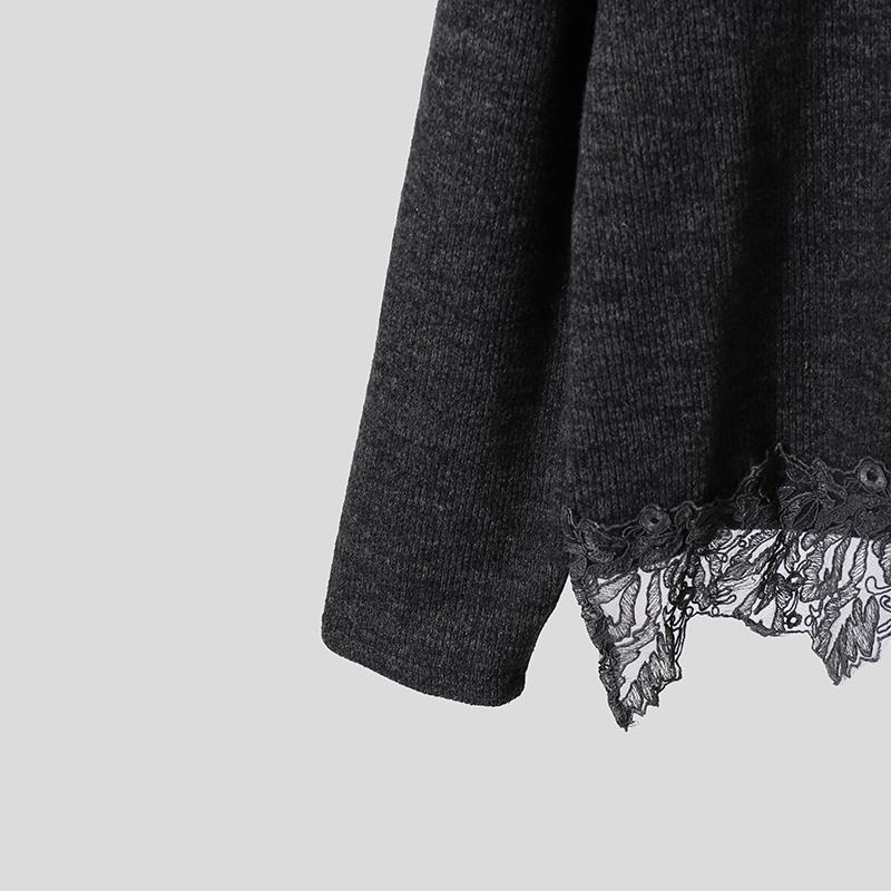 Осенний женский вязаный свитер с открытыми плечами, длинным рукавом, кружевной отделкой и пэчворком, джемпер