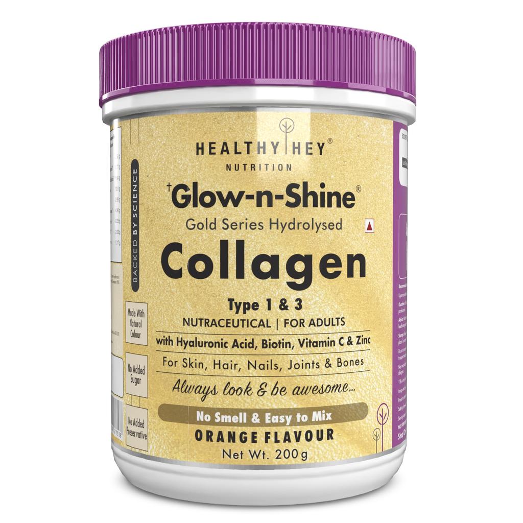 HealthyHey Skin Glow-n-Shine® Коллагеновый порошок 200 г | Гидролизованный коллаген для женщин и мужчин с гиалуроновой кислотой, биотином и витамином С для здоровой