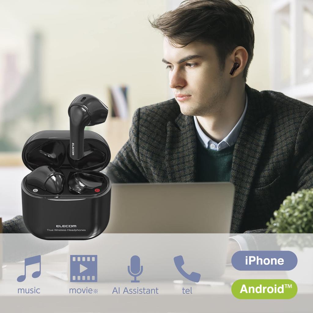 Беспроводные Bluetooth 5 наушники ELECOM, Легкие и компактные, Внутриканальные, Управление звонками, Автоматическое сопряжение, Совместимость с ACC, Зарядка Type-C, Черный