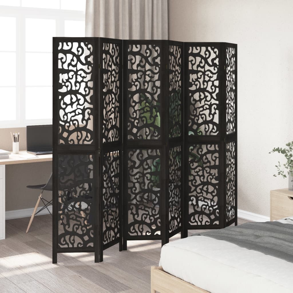 6 Piece Black Solid Wood Folding Screen Paulownia