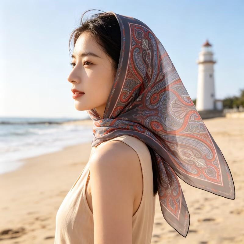 90x90cm Floral Print Square Scarf Women Lightweight Chiffon Wrap Boho Chic Headscarf Beach Cover-Up