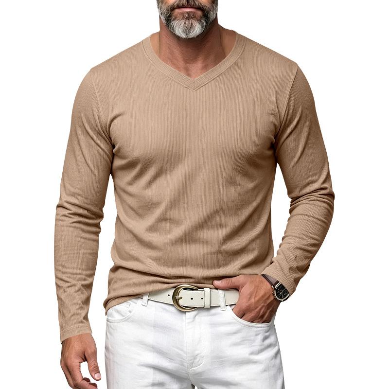 Men's V Neck Vertical Ribbed Long Sleeve T‑Shirt Elastic Slim Fit Basic Knit Tee Casual Daily Wear Male Pullover Tops