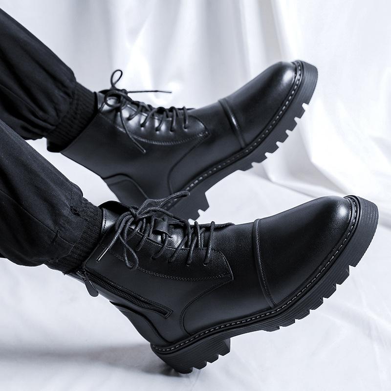2025 British Mid-top Leather Boots Men's High-top Black Martin Boots Thick-soled Lace-up Short Boots 2910-R