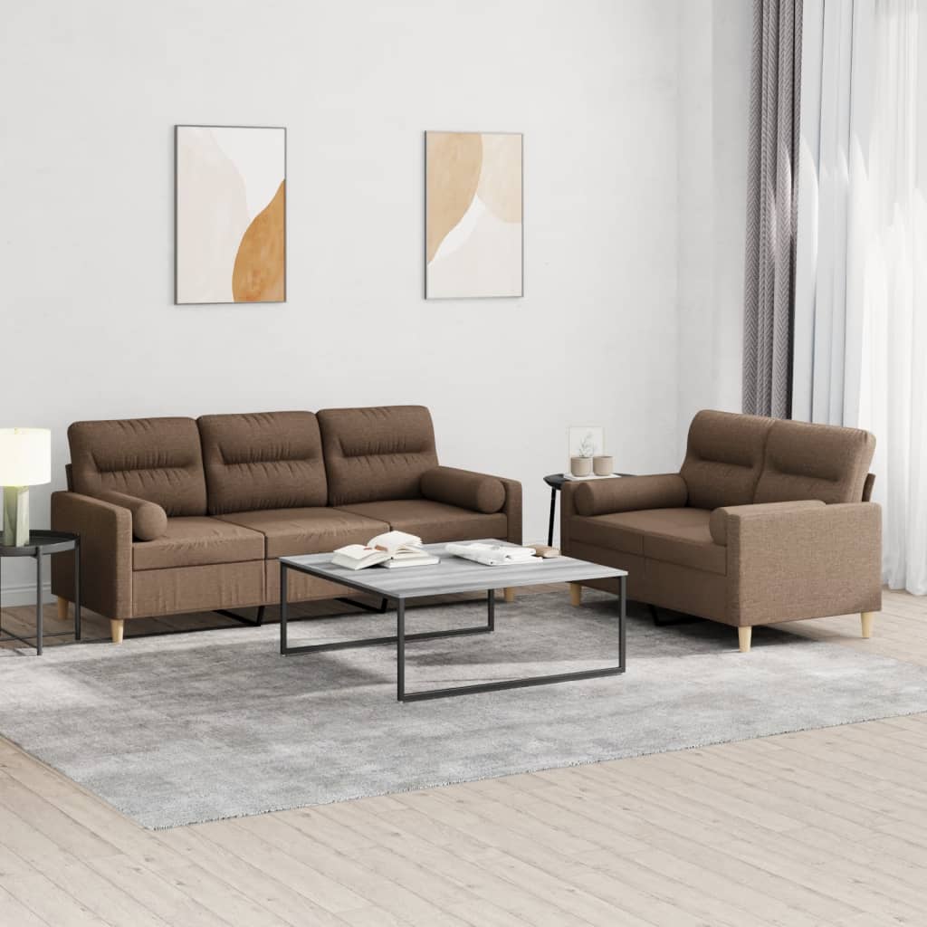2 Piece Sofa Set with Cushions Brown Fabric