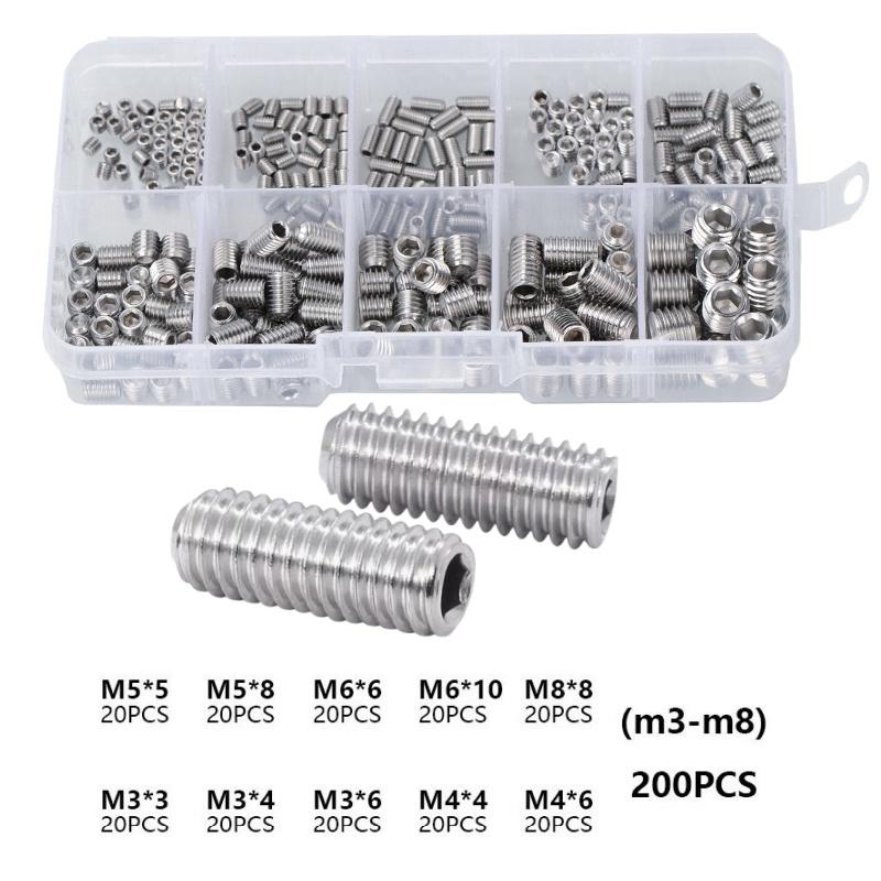 200 шт. M3/M4/M5/M6/M8 Безголовые машинные винты Рисовые комбинированные наборы 304 Нержавеющая сталь Шестигранная головка Плоский конец Комплекты Винты
