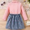 Girls' Fashion Set, Summer Children's Casual Solid-color Long-sleeved Top, Denim Pleated Skirt Set
