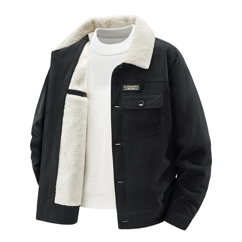 Вельветовая куртка мужская осенне-зимняя новая утолщенная флисовая для среднего возраста свободная большого размера однотонная на одной пуговице хлопковая куртка