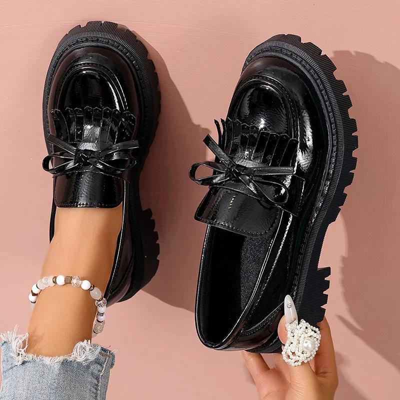 Лаферы из лакированной кожи в британском стиле для женщин Весенние слипоны на платформе Женские туфли с бантом Толстая подошва Студенческая обувь 42