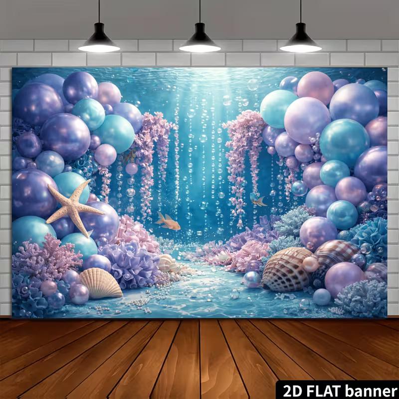 2D Ocean Adventure Backdrop Underwater Purple Blue Balloon & Coral Fabric Banner for Kids Party