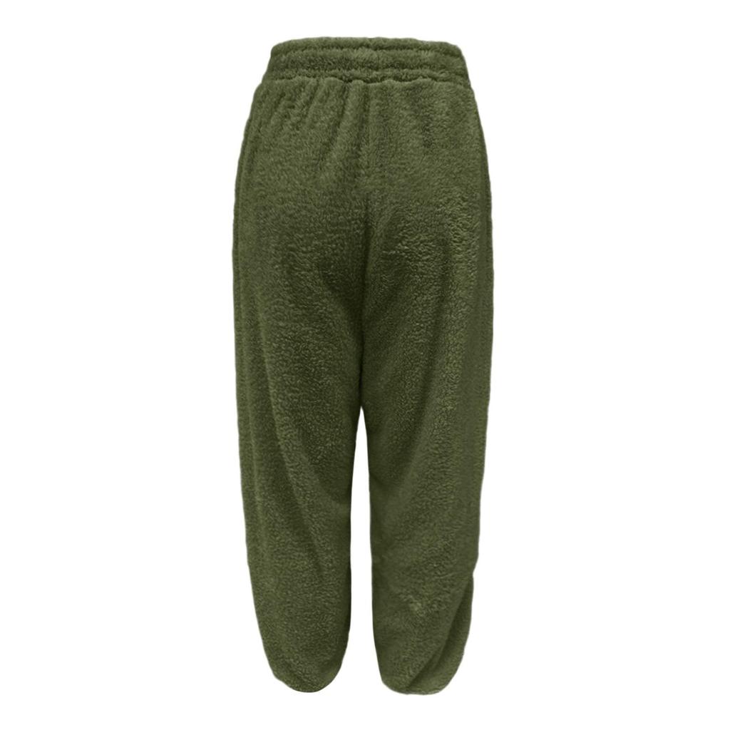 Women's Fashionable Solid Color Pocket Drawstring Elastic Waist Plush Casual Pants