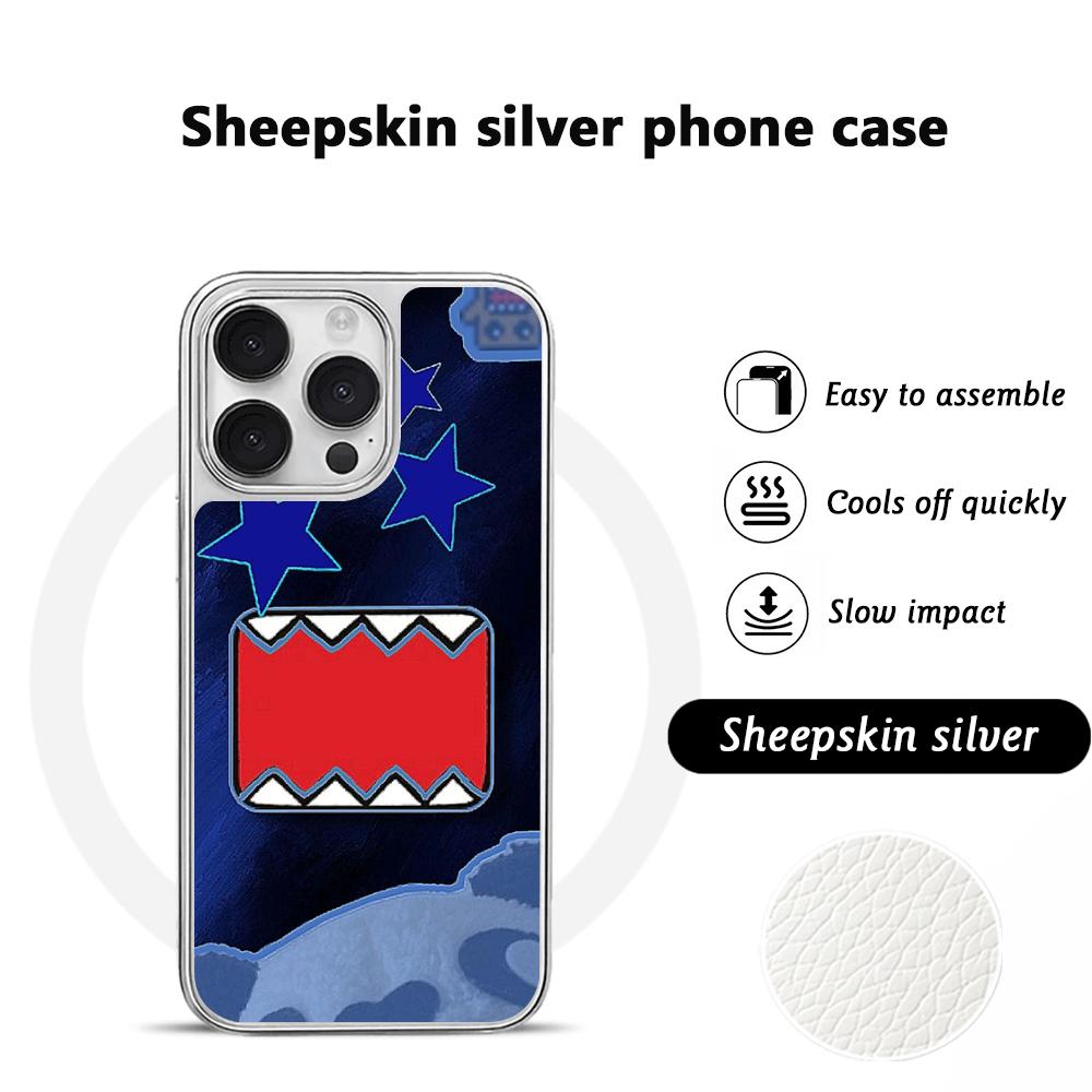 Domo kun cute cartoon anime pattern Phone Case for iPhone 16 15 14 13 12 11 Pro Max Sheepskin Silver-edged protective case