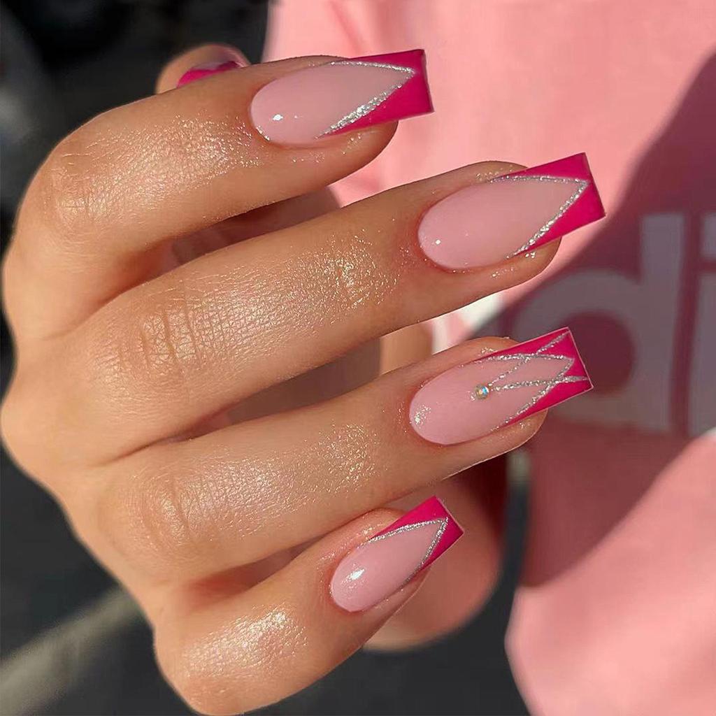 European Square Rhinestone French Manicure, 24 Removable Wearable Nails