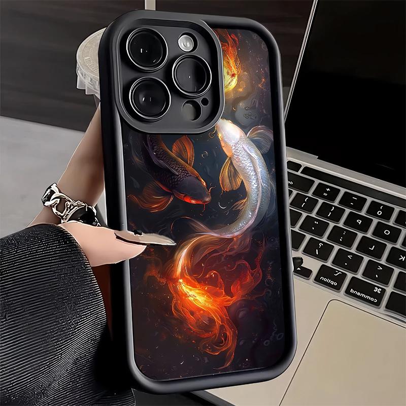 Чехол для телефона iPhone 17 Air 16E 15 16 Pro Max Золотая Рыбка Счастливым Карпом Кои Чехол 14 Plus 13 12 Mini Мягкий Силиконовый Fundas