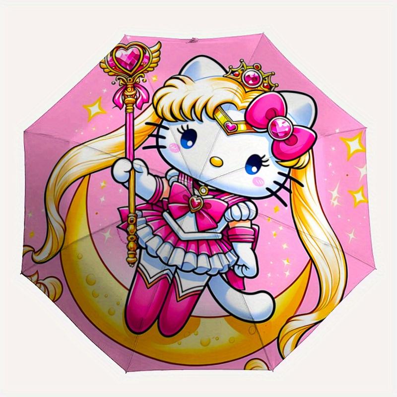 1pc Sailor Moon Hello Kitty Pattern Beautiful Looking Automatic Folding Umbrella, 3 Folding, 8 Pole Frame Design, Durable and Suitable for Travel and