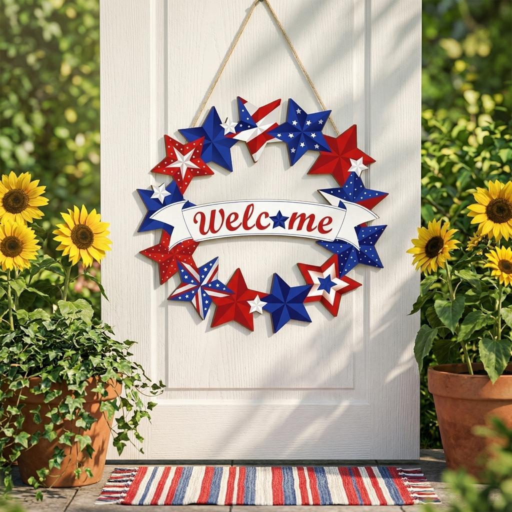 4th Of Welcome Door Sign, Patriotic Red Blue Wooden Hanging Decor