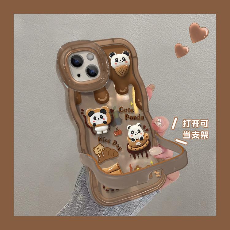 Кофе Панда подходит для iphone16 Чехол для iPhone 15promax двойная подставка 14 трехмерный 17 нишевый противоударный