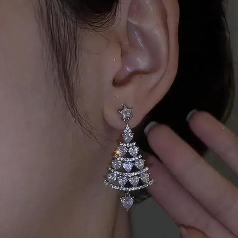 Фестивальные Модные Подарки Серьги-Елочки Блестящие Цирконы Стразы Милые Звездочки Длинные Серьги Рождественские Ювелирные Аксессуары