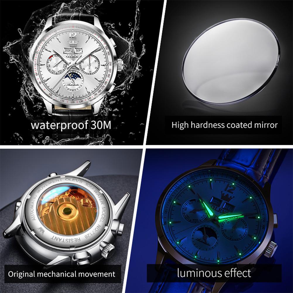 OLEVS New Men's Watches Fashion Luxury Leather Strap Original Perpetual Calendar Moon Phase Automatic Mechanical Watch 7128