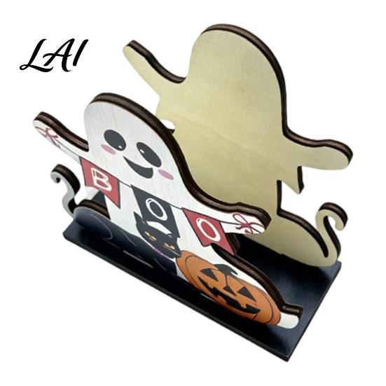 Cute Cartoon Napkin Tray Halloween Ghost Wooden Holder Paper Towel Decorative Holiday Party Dessert Table Decor Stand Freestanding Tissue Dispenser