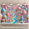2D flat, Candy Fairyland background fabric - Vibrant 2D flat printed polyester, whimsical candy and dessert scenes