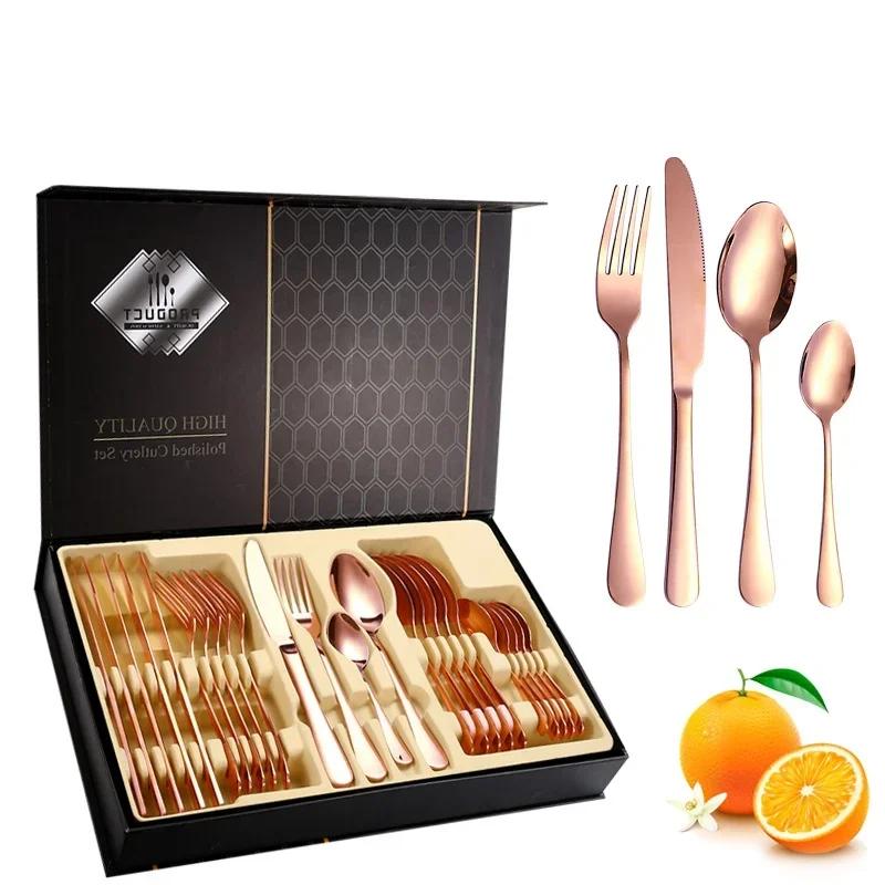 24Pcs Stainless Steel Dinnerware Cutlery Gift Box Set Knife Fork Spoon Specular Light Tableware Flatware Set Kitchen Accessories