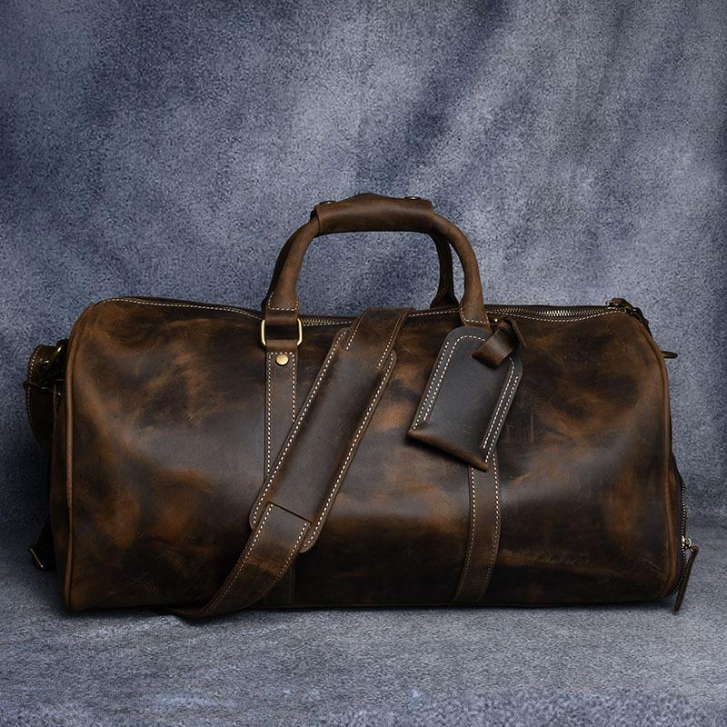 Crazy Horse Leather Travel Bag Luxury Genuine Leather Men Women Travel Bag Cow Leather Carry On Luggage Bag Weekend Duffle Bag