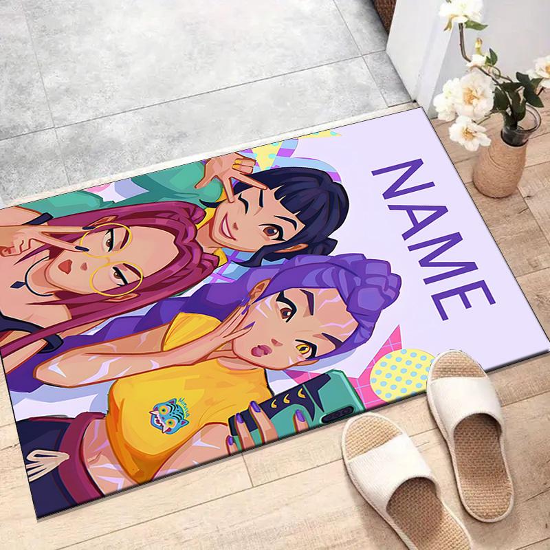Custom KPop Demon Hunters Mat Personalized Name, Polyester Washable Indoor Entryway Rug, Gift for Christmas, Easter, Thanksgiving Day