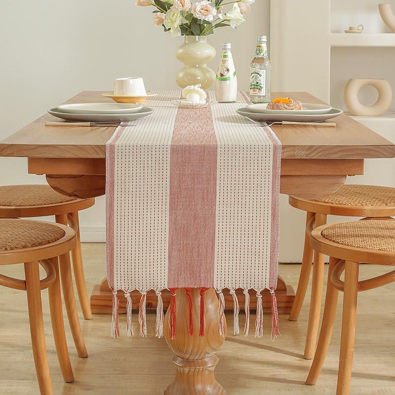 Handmade Tassel Cotton Linen Table Runner Dining Coffee Decor In American Rustic Style